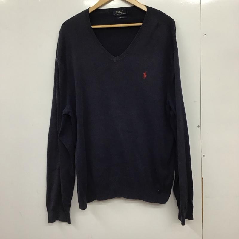 ポロラルフローレン POLO RALPH LAUREN ニット、セーター 長袖 長袖ニットカットソー Vネック セーター XL ロゴ、文字 紺 / ネイビー /  メンズ USED 古着 中古 10149525
