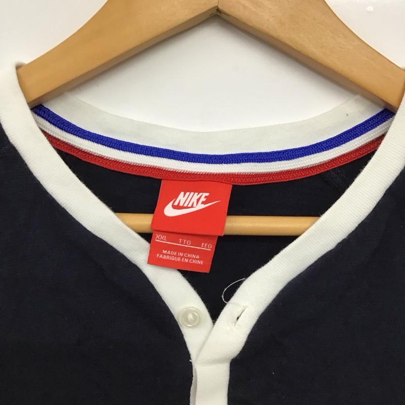 ナイキ NIKE Tシャツ 半袖 半袖カットソー プリントTシャツ ヘンリーネックカットソー XXL ロゴ、文字 紺 / ネイビー /  メンズ USED 古着 中古 10149733