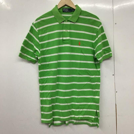 ポロバイラルフローレン Polo by RALPH LAUREN ポロシャツ 半袖 半袖ポロシャツ カラーシャツ 半袖カットソー M ボーダー柄 白 / ホワイト / X 黄緑 / イエローグリーン /  メンズ USED 古着 中古 10150109