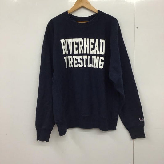 チャンピオン Champion トレーナー 長袖 長袖トレーナー スウェット クルーネック プルオーバー L ロゴ、文字 紺 / ネイビー /  メンズ USED 古着 中古 10150378
