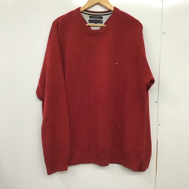 トミーヒルフィガー TOMMY HILFIGER ニット、セーター 長袖 長袖ニットカットソー クルーネック セーター XL ロゴ、文字 赤 / レッド /  メンズ USED 古着 中古 10151130