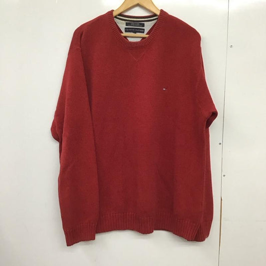 トミーヒルフィガー TOMMY HILFIGER ニット、セーター 長袖 長袖ニットカットソー クルーネック セーター XL ロゴ、文字 赤 / レッド /  メンズ USED 古着 中古 10151130