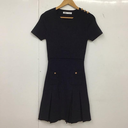 ザラ ZARA ワンピース ひざ丈スカート 半袖ワンピース プリーツスカート ストレッチ XS 無地 紺 / ネイビー / navy レディース USED 古着 中古 10152321