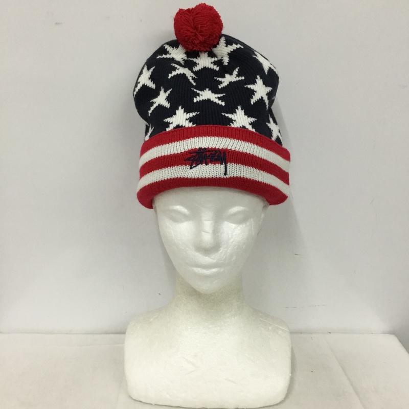 ステューシー STUSSY 帽子 ニット帽 星条旗 ポンポン付き 総柄 紺 / ネイビー / navy X 白 / ホワイト / white X 赤 / レッド / red メンズ USED 古着 中古 10153379