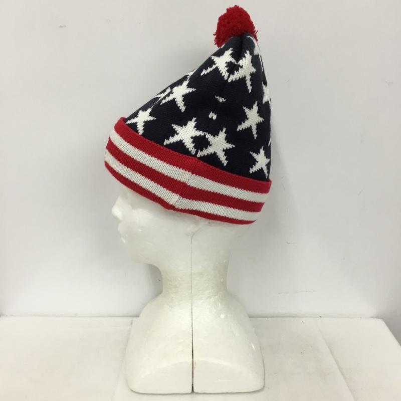 ステューシー STUSSY 帽子 ニット帽 星条旗 ポンポン付き 総柄 紺 / ネイビー / navy X 白 / ホワイト / white X 赤 / レッド / red メンズ USED 古着 中古 10153379