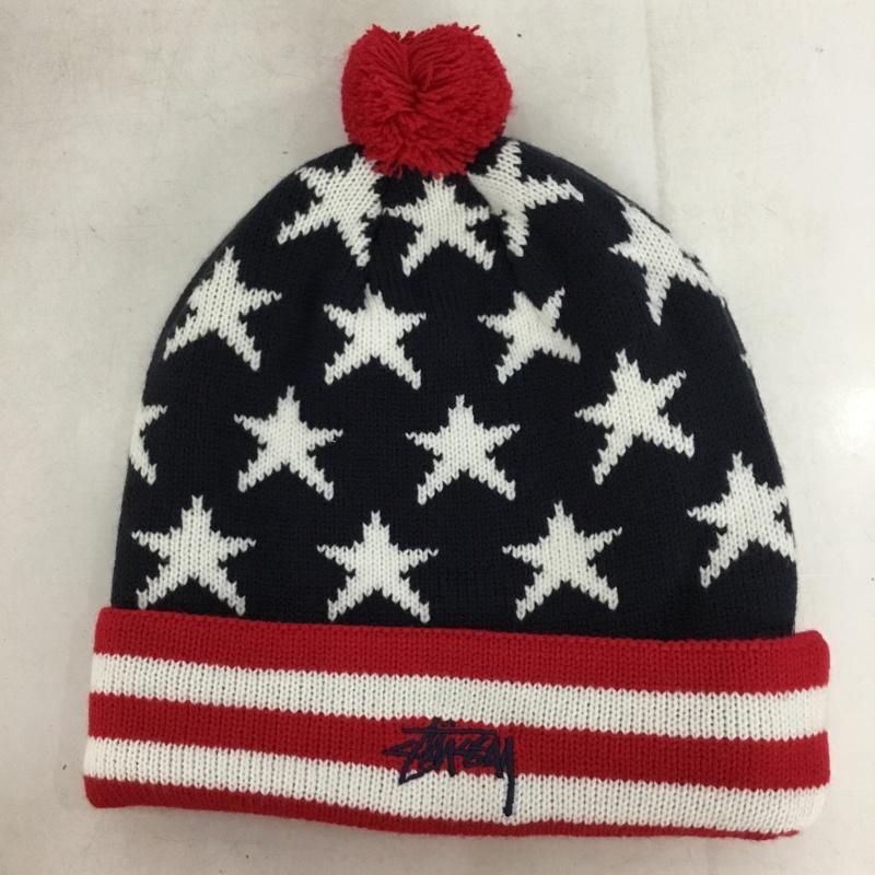 ステューシー STUSSY 帽子 ニット帽 星条旗 ポンポン付き 総柄 紺 / ネイビー / navy X 白 / ホワイト / white X 赤 / レッド / red メンズ USED 古着 中古 10153379