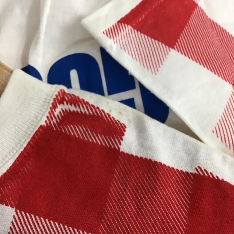 グッドイナフ GOODENOUGH Tシャツ 半袖 半袖カットソー プリントTシャツ クルーネックカットソー L チェック 白 / ホワイト / white X 赤 / レッド / red メンズ USED 古着 中古 10153648