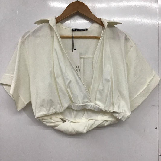 ザラ ZARA カットソー 半袖 タグ付 M 無地 白 / ホワイト / white レディース USED 古着 中古 10153908