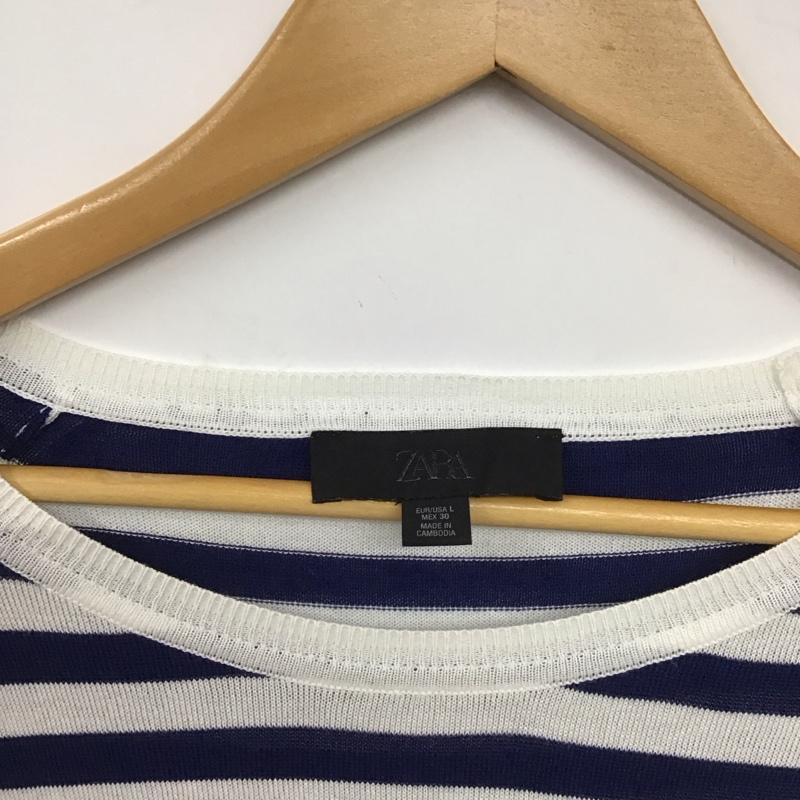 ザラ ZARA ニット、セーター 長袖 長袖ニットカットソー クルーネック セーター L ボーダー柄 白 / ホワイト / white X 青 / ブルー / blue レディース USED 古着 中古 10154123