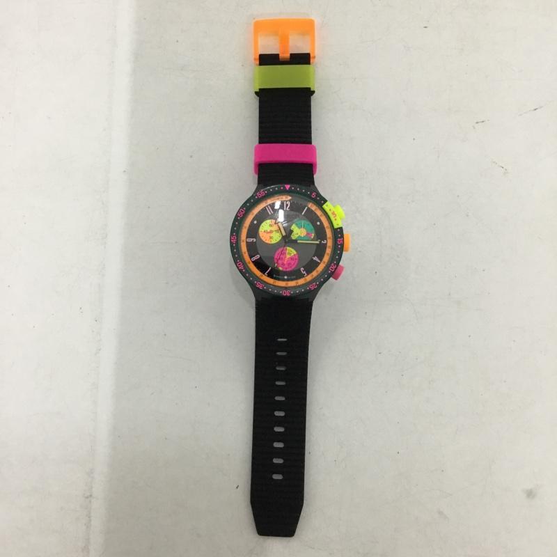 スウォッチ Swatch 腕時計 アナログ（クォーツ式） ロゴ、文字 黒 / ブラック / black X 桃 / ピンク / pink X 橙 / オレンジ / orange X 黄 / イエロー / yellow メンズ USED 古着 中古 10154506