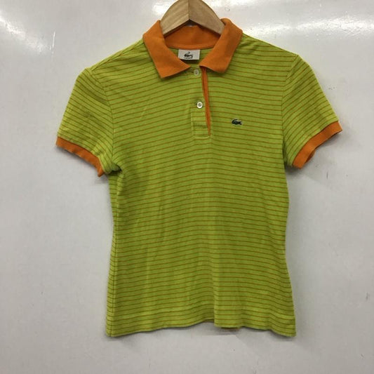 ラコステ LACOSTE ポロシャツ 半袖 半袖ポロシャツ カラーシャツ 半袖カットソー 40 ロゴ、文字 橙 / オレンジ / orange X 黄緑 / イエローグリーン / レディース USED 古着 中古 10154549