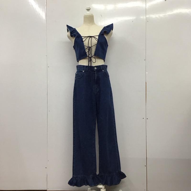 ローリーズファーム LOWRYS FARM セットアップ セットアップ LF623036AD デニムビスチェ デニムパンツ 裾フリル LF523026AD FREE 無地 青 / ブルー / blue レディース USED 古着 中古 10155085