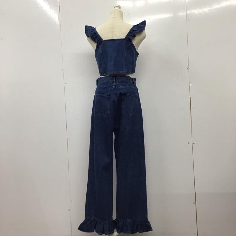 ローリーズファーム LOWRYS FARM セットアップ セットアップ LF623036AD デニムビスチェ デニムパンツ 裾フリル LF523026AD FREE 無地 青 / ブルー / blue レディース USED 古着 中古 10155085