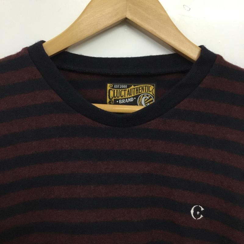 クラクト CLUCT ニット、セーター 長袖 クルーネック ボーダー柄 L ワンポイント 紺 / ネイビー / navy X えんじ / ワインレッド / dark red メンズ USED 古着 中古 10155305