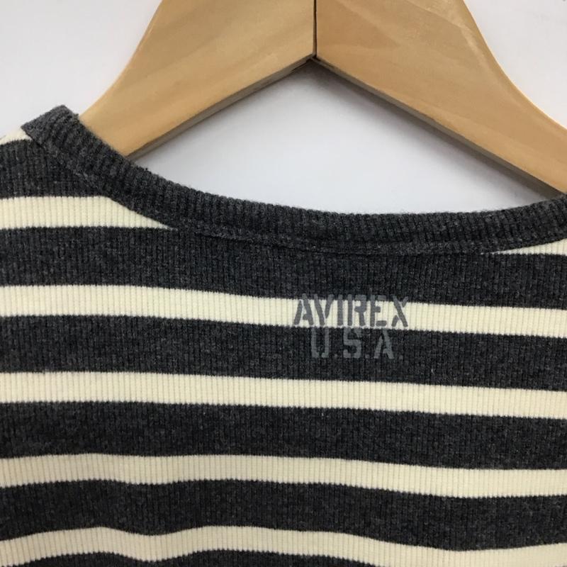 アヴィレックス AVIREX U.S.A. Tシャツ 半袖 半袖カットソー プリントTシャツ クルーネックカットソー M ボーダー柄 灰 / グレー / gray X アイボリー / アイボリー / メンズ USED 古着 中古 10155348
