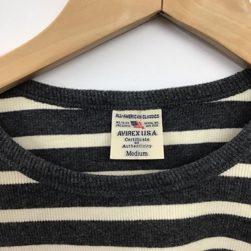 アヴィレックス AVIREX U.S.A. Tシャツ 半袖 半袖カットソー プリントTシャツ クルーネックカットソー M ボーダー柄 灰 / グレー / gray X アイボリー / アイボリー / メンズ USED 古着 中古 10155348