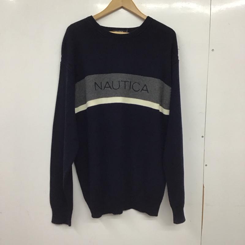 ノーティカ NAUTICA ニット、セーター 長袖 長袖ニットカットソー クルーネック セーター L ロゴ、文字 紺 / ネイビー / navy メンズ USED 古着 中古 10155412