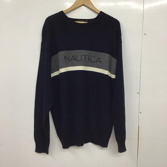 ノーティカ NAUTICA ニット、セーター 長袖 長袖ニットカットソー クルーネック セーター L ロゴ、文字 紺 / ネイビー / navy メンズ USED 古着 中古 10155412