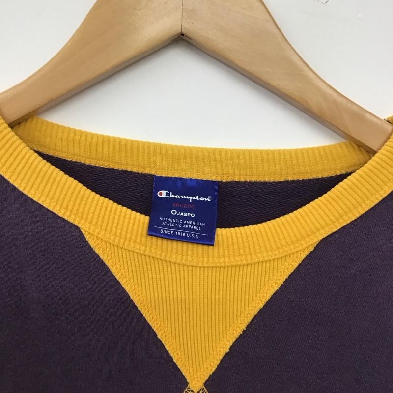 チャンピオン Champion トレーナー 長袖 長袖トレーナー スウェット クルーネック プルオーバー 0 ロゴ、文字 黄 / イエロー / yellow X 紫 / パープル / purple メンズ USED 古着 中古 10155537