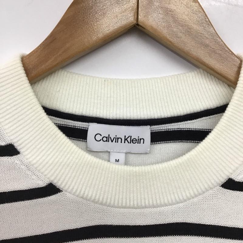 カルバン・クライン Calvin Klein ニット、セーター 長袖 長袖ニットカットソー クルーネック セーター M ボーダー柄 白 / ホワイト / white X 黒 / ブラック / black メンズ USED 古着 中古 10155921