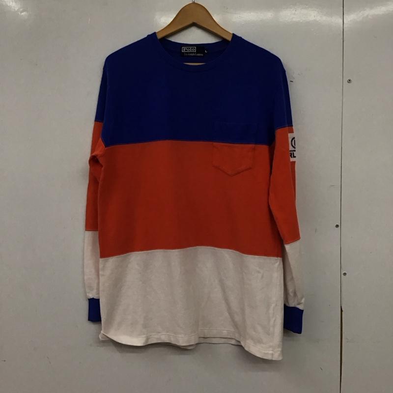 ポロバイラルフローレン Polo by RALPH LAUREN Tシャツ 長袖 長袖カットソー プリントカットソー クルーネック L 無地 青 / ブルー / blue X 橙 / オレンジ / orange X 白 / ホワイト / white メンズ USED 古着 中古 10156141