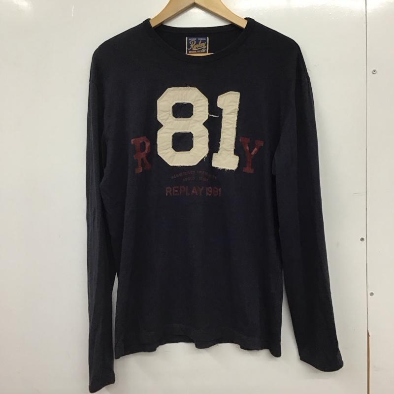リプレイ REPLAY カットソー 長袖 長袖カットソー プリントカットソー クルーネック L ロゴ、文字 紺 / ネイビー / navy メンズ USED 古着 中古 10156569