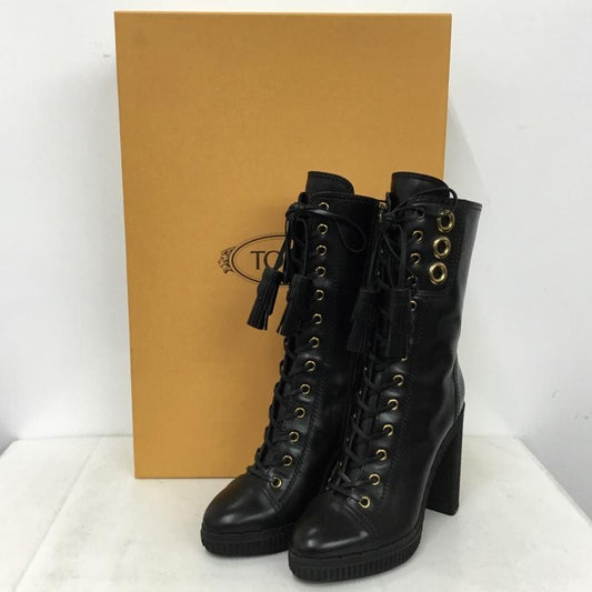 トッズ TOD S ブーツ 一般 レースアップ ミドル丈 タッセル 箱有 35.5 サイドファスナー 無地 黒 / ブラック / black レディース USED 古着 中古 10156954