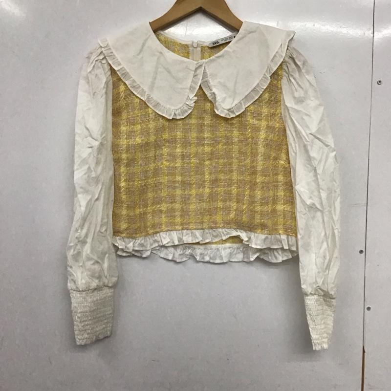 ザラ ZARA カットソー 長袖 L 無地 X チェック 白 / ホワイト / white X 黄 / イエロー / yellow レディース USED 古着 中古 10157515