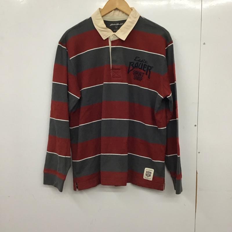 エディーバウアー Eddie Bauer Tシャツ 長袖 033-8157 ラガーシャツ L ボーダー柄 X 刺繍 灰 / グレー / gray X 白 / ホワイト / white X 赤 / レッド / red メンズ USED 古着 中古 10157933