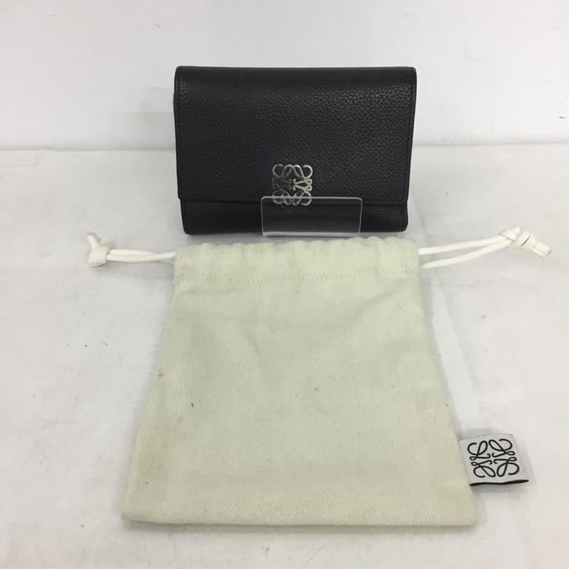 ロエベ LOEWE 財布 コンパクト財布 062506 三つ折り財布 アナグラム ワンポイント 黒 / ブラック / black X 銀 / シルバー / silver color メンズ USED 古着 中古 10158364