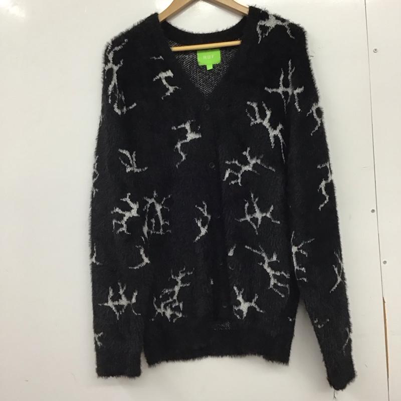 ハフ HUF カーディガン 長袖 長袖ニットカーディガン 前ボタン ノーカラー L プリント 黒 / ブラック / black メンズ USED 古着 中古 10158744