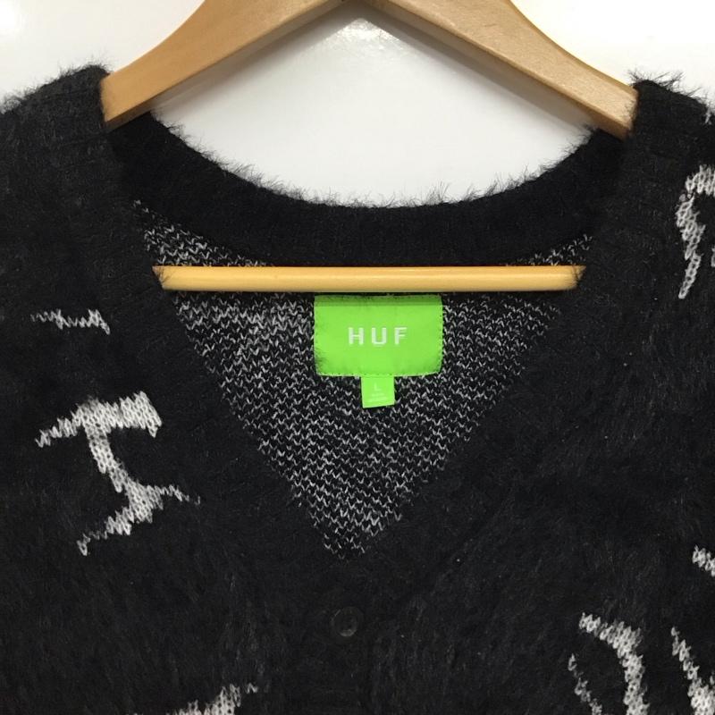 ハフ HUF カーディガン 長袖 長袖ニットカーディガン 前ボタン ノーカラー L プリント 黒 / ブラック / black メンズ USED 古着 中古 10158744