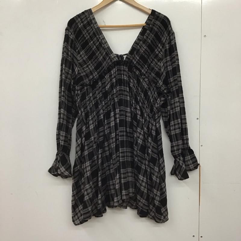 ローリーズファーム LOWRYS FARM チュニック 長袖 LF625021TS チェックシャーリングブラウス FREE チェック 黒 / ブラック / black X 灰 / グレー / gray レディース USED 古着 中古 10159524