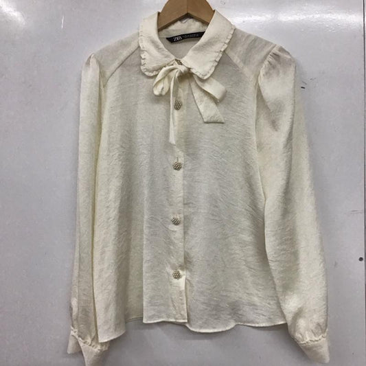 ザラ ZARA シャツ、ブラウス 長袖 2072 478 712 リボンタイ M 無地 アイボリー / アイボリー / レディース USED 古着 中古 10159532