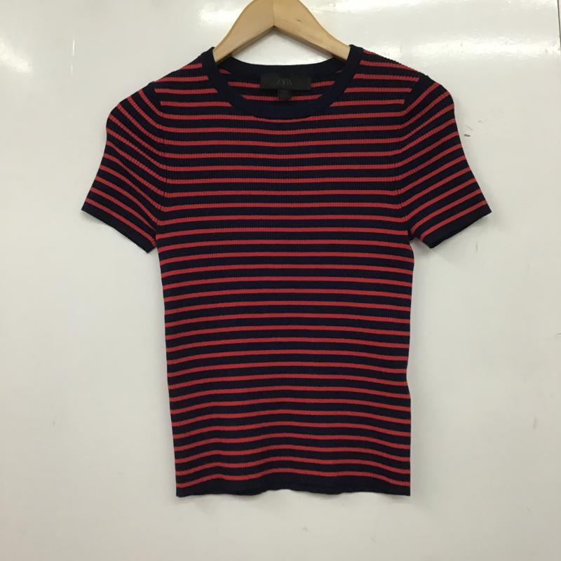 ザラ ZARA ニット、セーター 半袖 半袖ニットカットソー クルーネック セーター S ボーダー柄 赤 / レッド / red X 紺 / ネイビー / navy レディース USED 古着 中古 10160132