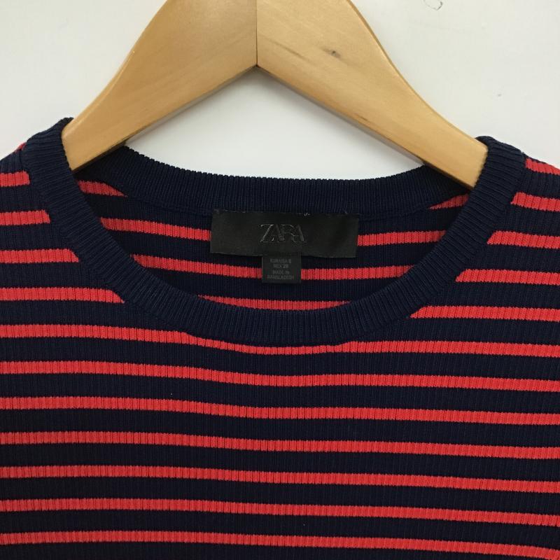 ザラ ZARA ニット、セーター 半袖 半袖ニットカットソー クルーネック セーター S ボーダー柄 赤 / レッド / red X 紺 / ネイビー / navy レディース USED 古着 中古 10160132