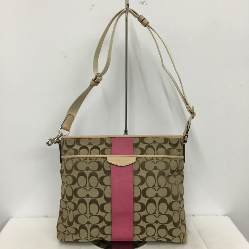 コーチ COACH ショルダーバッグ ショルダーバッグ F28502 シグネチャー ストライプ ロゴ、文字 ベージュ / ベージュ / beige X 桃 / ピンク / pink レディース USED 古着 中古 10160989