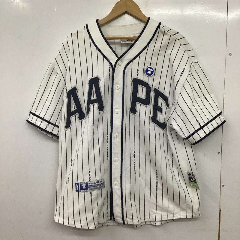 エーエイプバイアベイシングエイプ AAPE BY A BATHING APE シャツ、ブラウス 半袖 半袖シャツ フロントボタン ノーカラーシャツ M ストライプ 白 / ホワイト / white メンズ USED 古着 中古 10161463