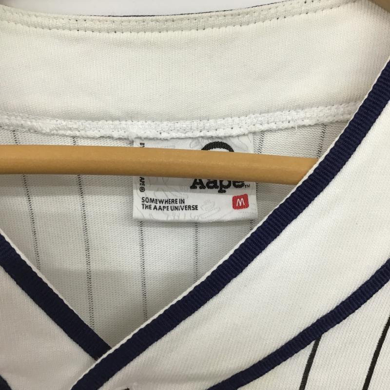 エーエイプバイアベイシングエイプ AAPE BY A BATHING APE シャツ、ブラウス 半袖 半袖シャツ フロントボタン ノーカラーシャツ M ストライプ 白 / ホワイト / white メンズ USED 古着 中古 10161463