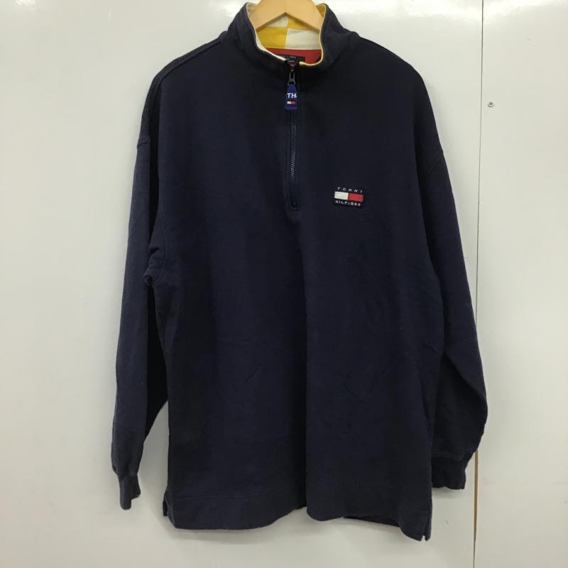 トミーヒルフィガー TOMMY HILFIGER トレーナー 長袖 長袖トレーナー スウェット ジップアップネック プルオーバー L ロゴ、文字 紺 / ネイビー / navy メンズ USED 古着 中古 10161567