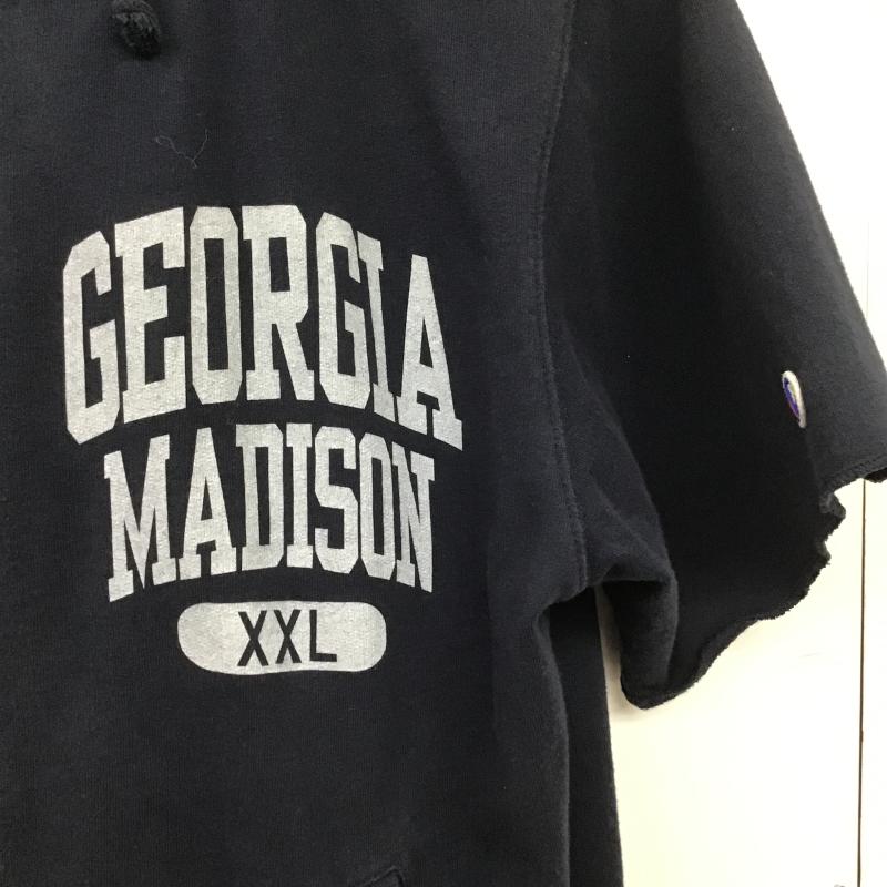 チャンピオン Campion パーカー 半袖 ジップアップ半袖パーカー スウェット L ロゴ、文字 紺 / ネイビー / navy メンズ USED 古着 中古 10162158