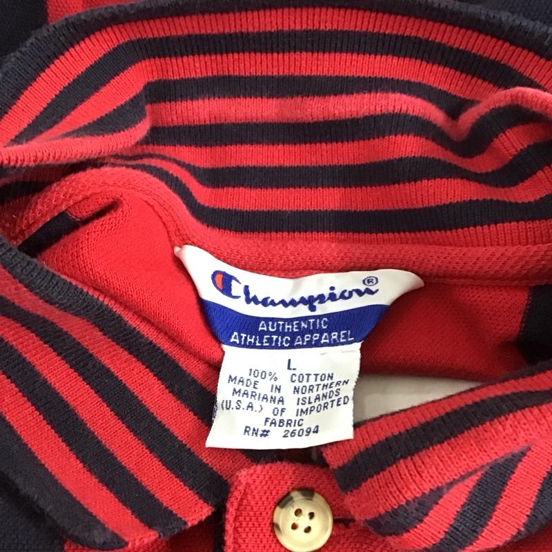 チャンピオン Champion ポロシャツ 半袖 L 刺繍 黒 / ブラック / X 赤 / レッド /  メンズ USED 古着 中古 10111559