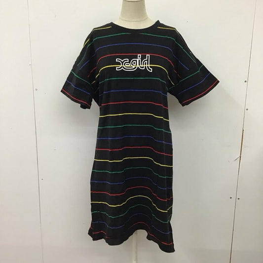 エックスガール X-girl ワンピース ひざ丈スカート 105201041011 MULTI STRIPED HS TEE DRESS マルチボーダー カットソー M ロゴ、文字 黒 / ブラック /  レディース USED 古着 中古 10116190