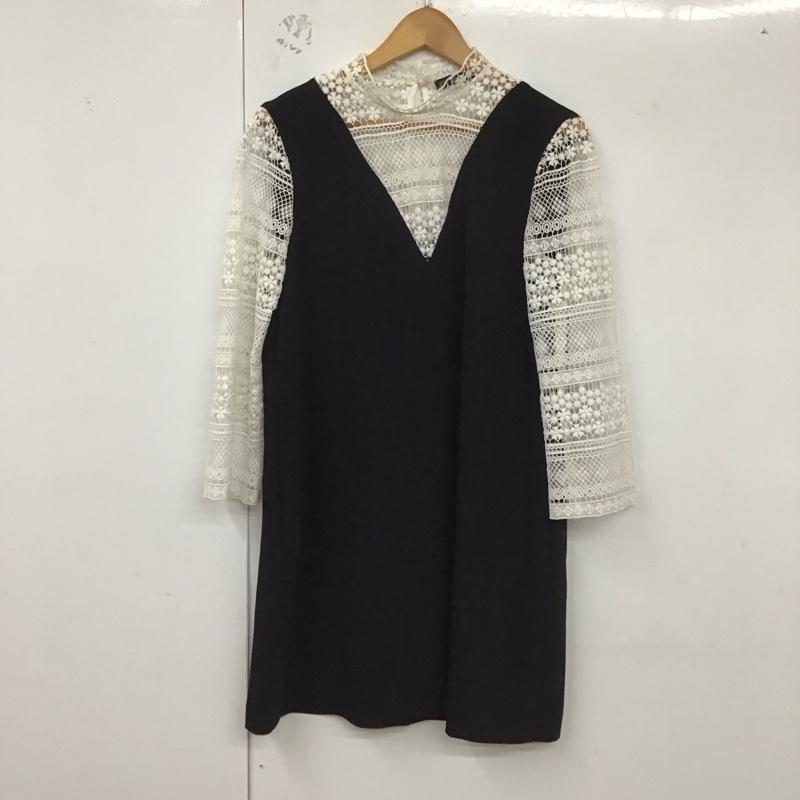 ザラ ZARA ワンピース ひざ丈スカート 1608 053 084 ドッキングワンピース スタンドカラー 七分袖 S レース柄 白 / ホワイト / X 黒 / ブラック /  レディース USED 古着 中古 10129197