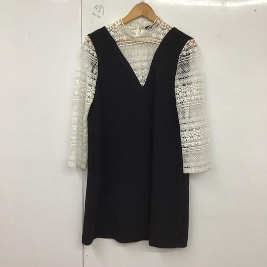 ザラ ZARA ワンピース ひざ丈スカート 1608 053 084 ドッキングワンピース スタンドカラー 七分袖 S レース柄 白 / ホワイト / X 黒 / ブラック /  レディース USED 古着 中古 10129197