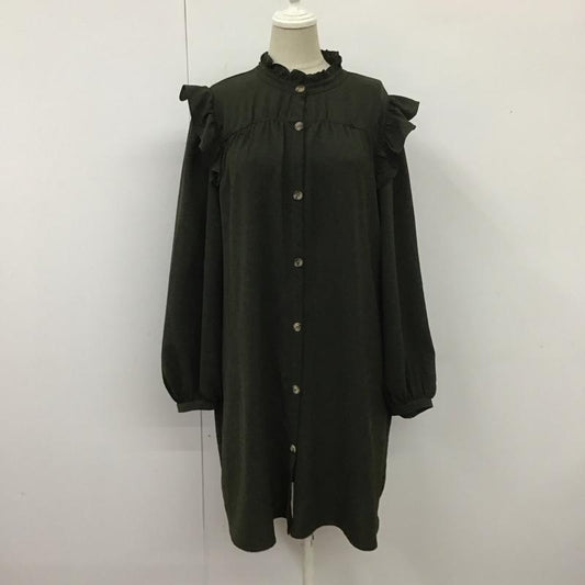 ザラ ZARA ワンピース ミニスカート フリル スタンドカラー 長袖 S 無地 カーキ / カーキ /  レディース USED 古着 中古 10113503