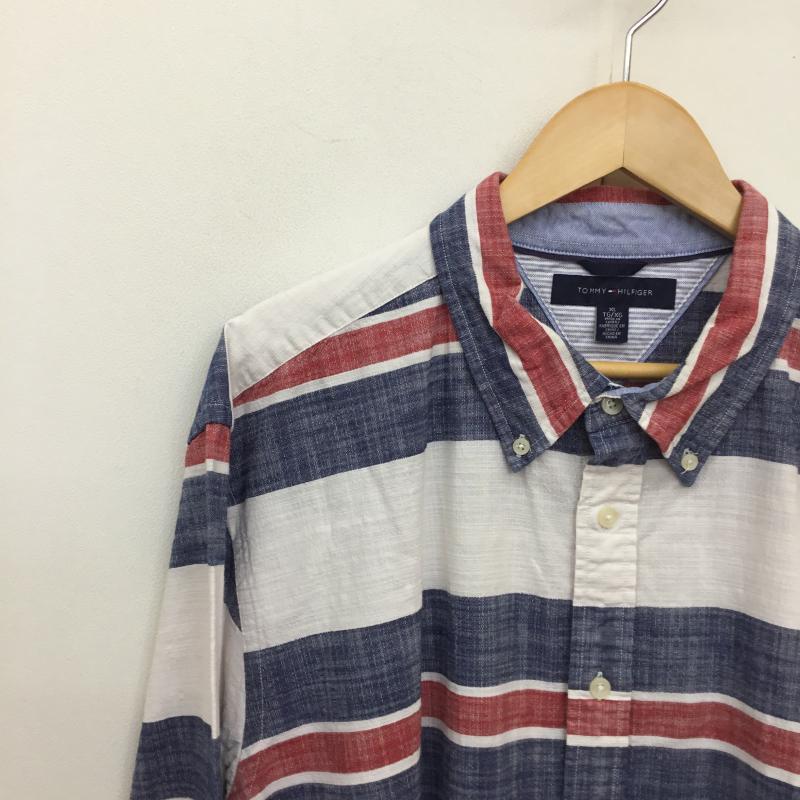 トミーヒルフィガー TOMMY HILFIGER シャツ、ブラウス 長袖 TOMMY HILFIGER 長袖シャツ XL ボーダー柄 白 / ホワイト / X 青 / ブルー / X 赤 / レッド /  メンズ USED 古着 中古 10128711