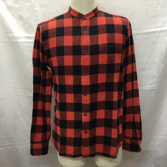 グローバルワーク GLOBAL WORK シャツ、ブラウス 長袖 GN220003SB ノーカラー バンドカラー M チェック 赤 / レッド / X 黒 / ブラック /  メンズ USED 古着 中古 10109247