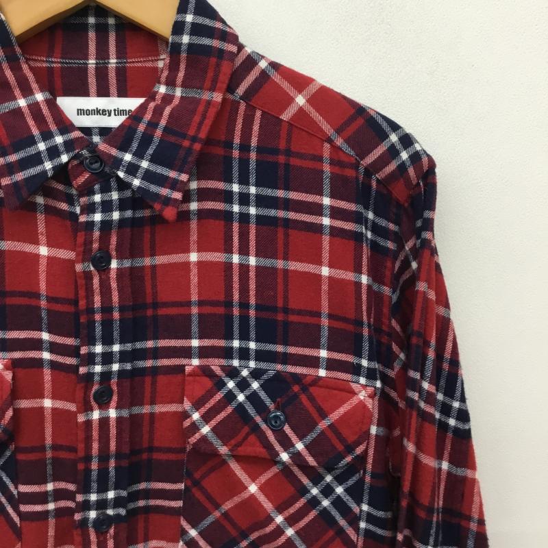 モンキータイム MONKEY TIME シャツ、ブラウス 長袖 monkey time MT ∴ ナンバー プリント ビエラチェック シャツ 1 チェック 赤 / レッド /  メンズ USED 古着 中古 10135896