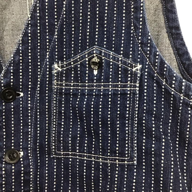 フラットヘッド The Flat Head ベスト ベスト dv-01w ウォバッシュデニムベスト ノースリーブカットソー 前開ボタン 40 ストライプ インディゴ / インディゴ /  メンズ USED 古着 中古 10141807